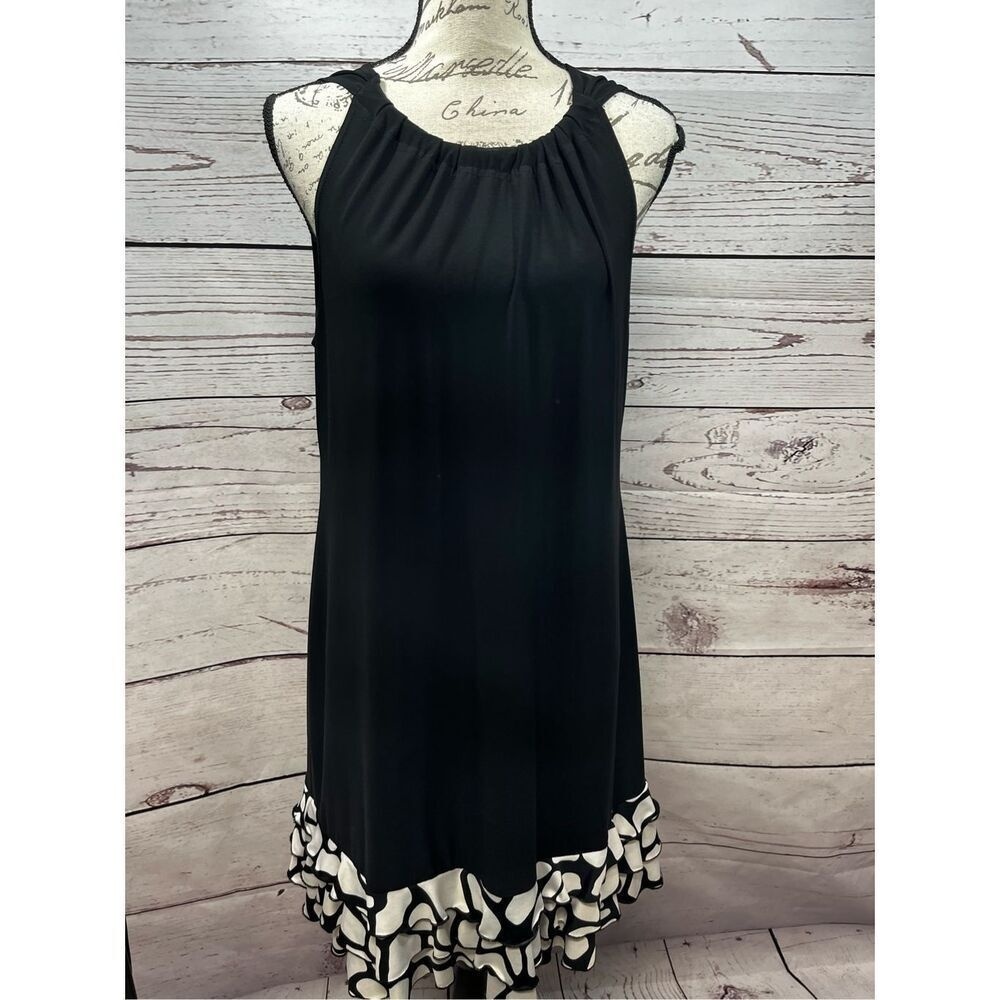 R&K Black Halter Neck Dress Ruffle Hem Geometric Print Size L